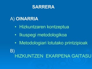 SARRERA A)  OINARRIA Hizkuntzaren kontzeptua Ikuspegi metodologikoa Metodologiari lotutako printzipioak B)  HIZKUNTZEN  EKARPENA GAITASUNAK GARATZEKO 