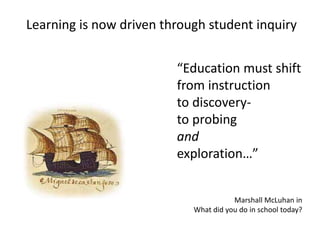 Marshall McLuhan in
What did you do in school today?
Learning is now driven through student inquiry
“Education must shift
from instruction
to discovery-
to probing
and
exploration…”
 