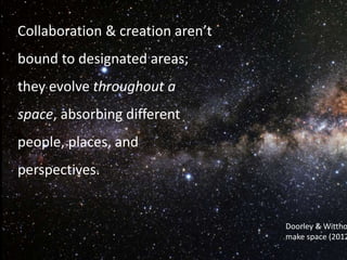 Doorley & Wittholft,
make space (2012)
Collaboration & creation aren’t
bound to designated areas;
they evolve throughout a
space, absorbing different
people, places, and
perspectives.
 