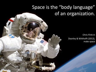 Space is the “body language”
of an organization.
Chris Flink in
Doorley & Wittholft (2012),
make space
 