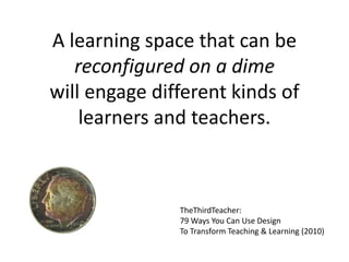 A learning space that can be
reconfigured on a dime
will engage different kinds of
learners and teachers.
TheThirdTeacher:
79 Ways You Can Use Design
To Transform Teaching & Learning (2010)
 