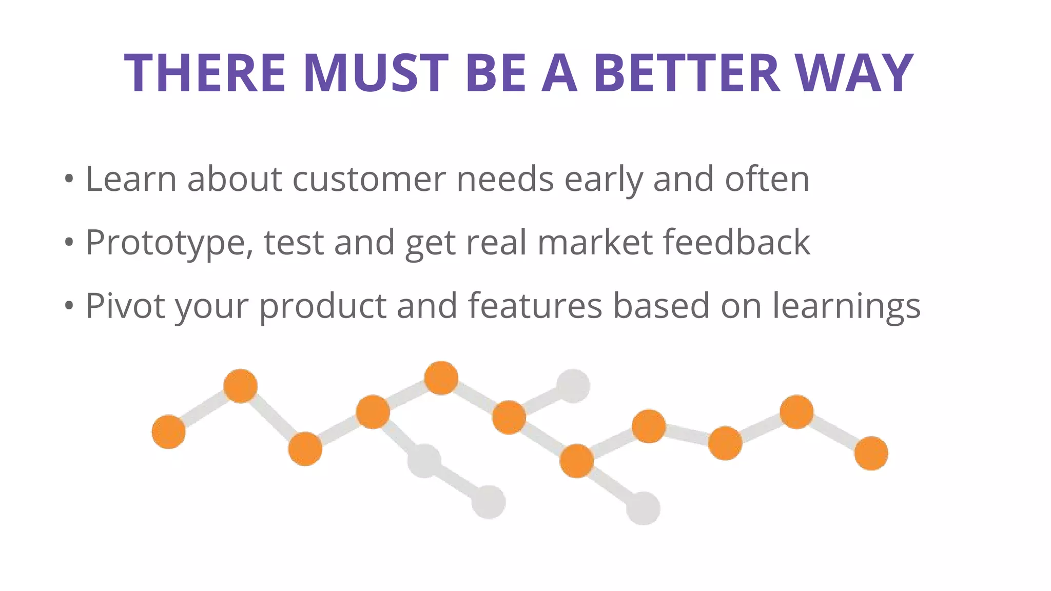 THERE MUST BE A BETTER WAY
• Learn about customer needs early and often
• Prototype, test and get real market feedback
• Pivot your product and features based on learnings
 