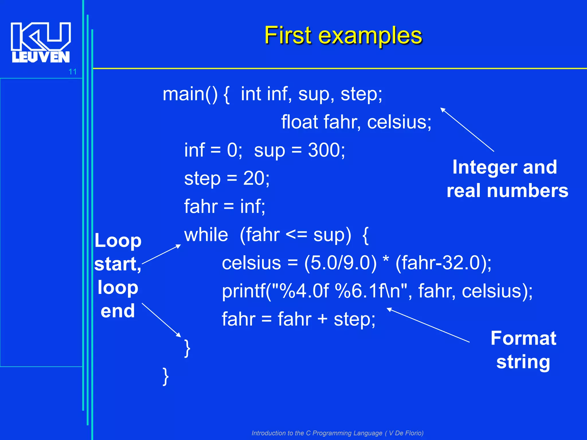First examples
11

Loop
start,
loop
end

main() { int inf, sup, step;
float fahr, celsius;
inf = 0; sup = 300;
Integer and
step = 20;
real numbers
fahr = inf;
while (fahr <= sup) {
celsius = (5.0/9.0) * (fahr-32.0);
printf("%4.0f %6.1fn", fahr, celsius);
fahr = fahr + step;
Format
}
string
}
Introduction to the C Programming Language ( V De Florio)

 