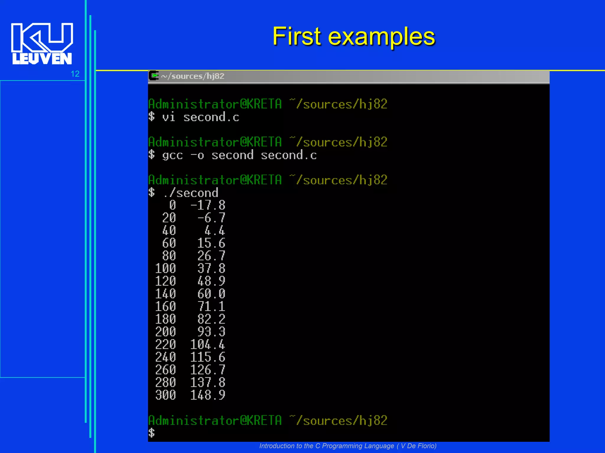 First examples
12

Introduction to the C Programming Language ( V De Florio)

 