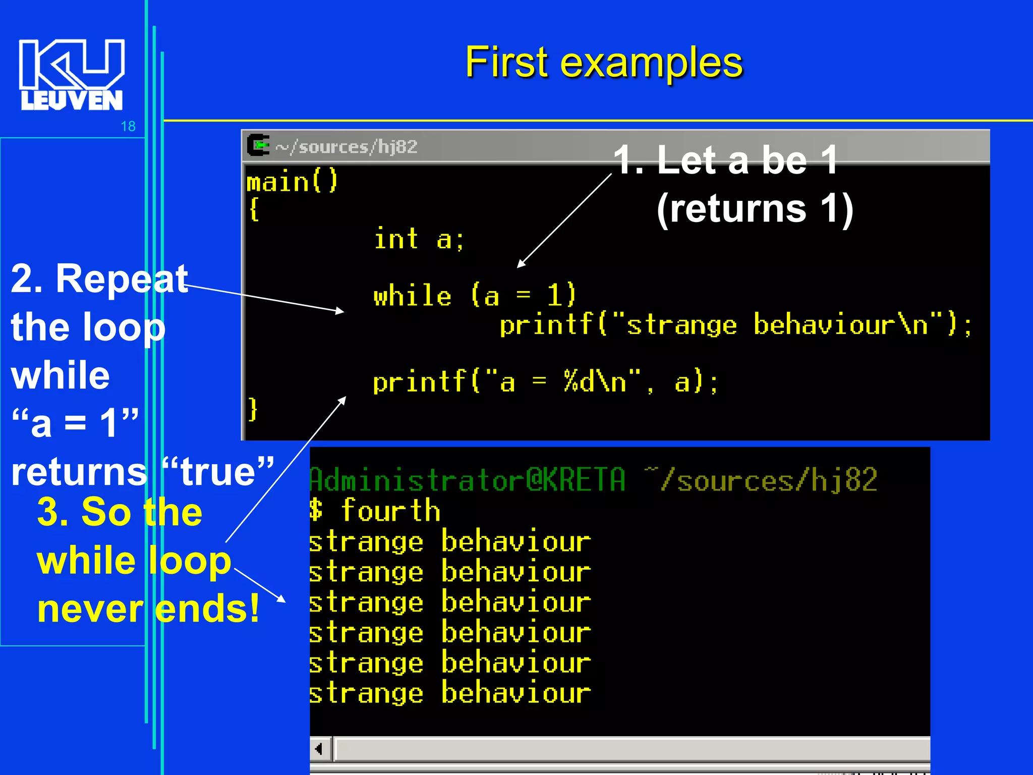 First examples
18

1. Let a be 1
(returns 1)
2. Repeat
the loop
while
“a = 1”
returns “true”
3. So the
while loop
never ends!

Introduction to the C Programming Language ( V De Florio)

 