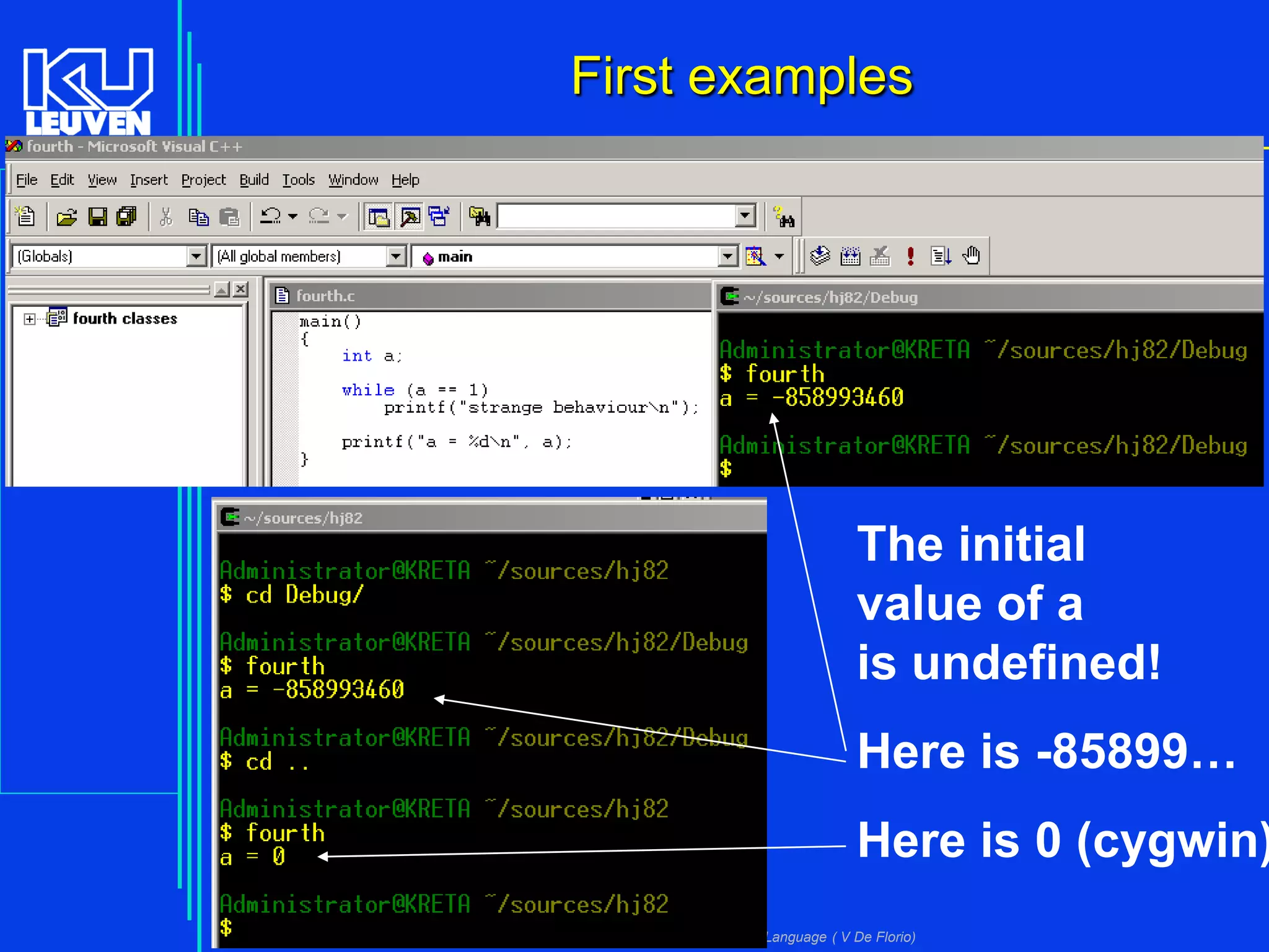 First examples
19

The initial
value of a
is undefined!
Here is -85899…

Here is 0 (cygwin)
Introduction to the C Programming Language ( V De Florio)

 