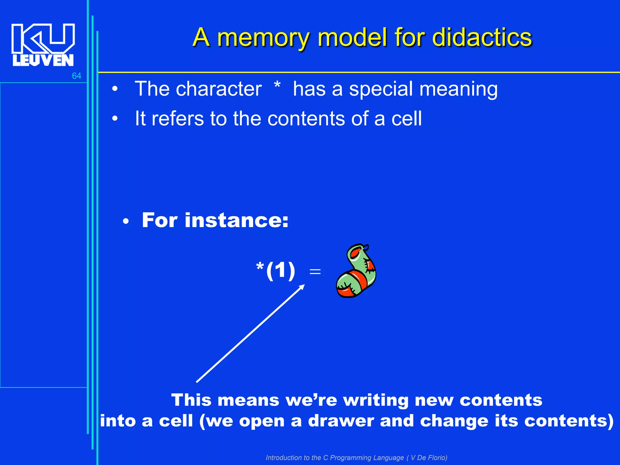 A memory model for didactics
64

• The character * has a special meaning
• It refers to the contents of a cell

• For instance:

*(1) =

This means we’re writing new contents
into a cell (we open a drawer and change its contents)
Introduction to the C Programming Language ( V De Florio)

 