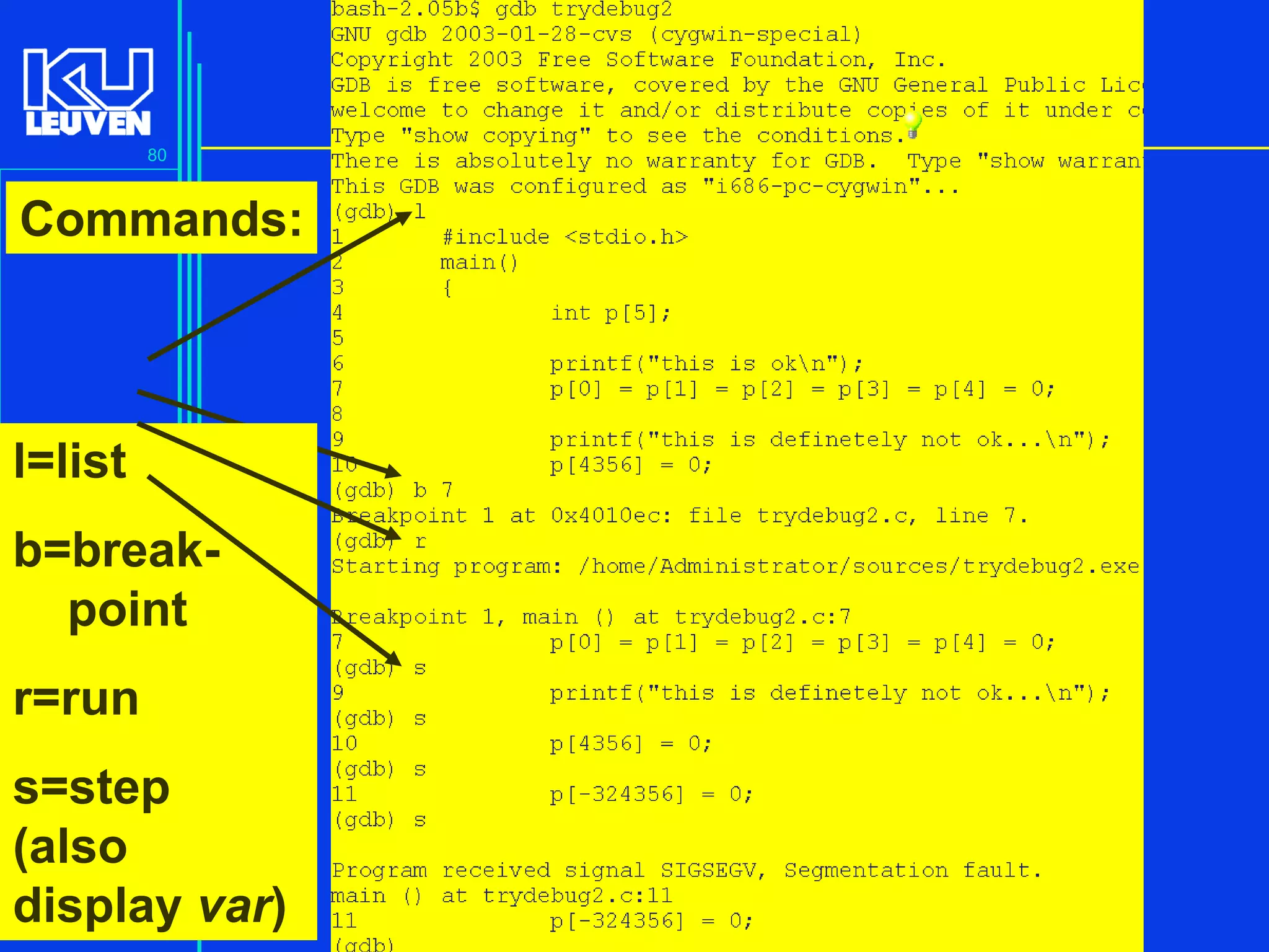 80

Commands:

l=list

b=breakpoint
r=run

s=step
(also
display var)

Introduction to the C Programming Language ( V De Florio)

 