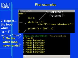 First examples
18

1. Let a be 1
(returns 1)
2. Repeat
the loop
while
“a = 1”
returns “true”
3. So the
while loop
never ends!

Introduction to the C Programming Language ( V De Florio)

 