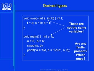 Derived types
70

void swap (int a, int b) { int t;
t = a; a = b; b = t;
}

These are
not the same
variables!

void main() { int a, b;
a = 5, b = 6;
swap (a, b);
printf(“a = %d, b = %dn”, a, b);
}

Introduction to the C Programming Language ( V De Florio)

Are any
faults
present?
Which
ones?

 