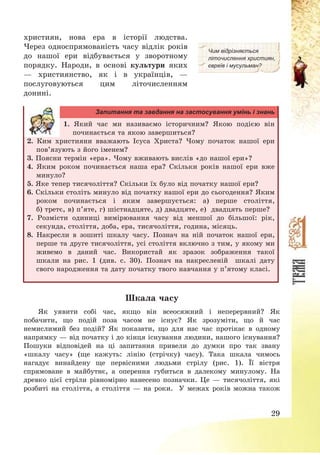 29
християн, нова ера в історії людства.
Через односпрямованість часу відлік років
до нашої ери відбувається у зворотному
порядку. Народи, в основі культури яких
– християнство, як і в українців, –
послуговуються цим літочисленням
донині.
Чим відрізняється
літочислення християн,
євреїв і мусульман?
Запитання та завдання на застосування умінь і знань
1. Який час ми називаємо історичним? Якою подією він
починається та якою завершиться?
2. Ким християни вважають Ісуса Христа? Чому початок нашої ери
пов’язують з його іменем?
3. Поясни термін «ера». Чому вживають вислів «до нашої ери»?
4. Яким роком починається наша ера? Скільки років нашої ери вже
минуло?
5. Яке тепер тисячоліття? Скільки їх було від початку нашої ери?
6. Скільки століть минуло від початку нашої ери до сьогодення? Яким
роком починається і яким завершується: а) перше століття,
б) третє, в) п’яте, г) шістнадцяте, д) двадцяте, е) двадцять перше?
7. Розмісти одиниці вимірювання часу від меншої до більшої: рік,
секунда, століття, доба, ера, тисячоліття, година, місяць.
8. Накресли в зошиті шкалу часу. Познач на ній початок нашої ери,
перше та друге тисячоліття, усі століття включно з тим, у якому ми
живемо в даний час. Використай як зразок зображення такої
шкали на рис. 1 (див. с. 30). Познач на накресленій шкалі дату
свого народження та дату початку твого навчання у п’ятому класі.
Шкала часу
Як уявити собі час, якщо він всеосяжний і неперервний? Як
побачити, що подій поза часом не існує? Як зрозуміти, що й час
немислимий без подій? Як показати, що для нас час протікає в одному
напрямку – від початку і до кінця існування людини, нашого існування?
Пошуки відповідей на ці запитання привели до думки про так звану
«шкалу часу» (ще кажуть: лінію (стрічку) часу). Така шкала чимось
нагадує винайдену ще первісними людьми стрілу (рис. 1). Її вістря
спрямоване в майбутнє, а оперення губиться в далекому минулому. На
древко цієї стріли рівномірно нанесено позначки. Це – тисячоліття, які
розбиті на століття, а століття – на роки. У межах років можна також
 