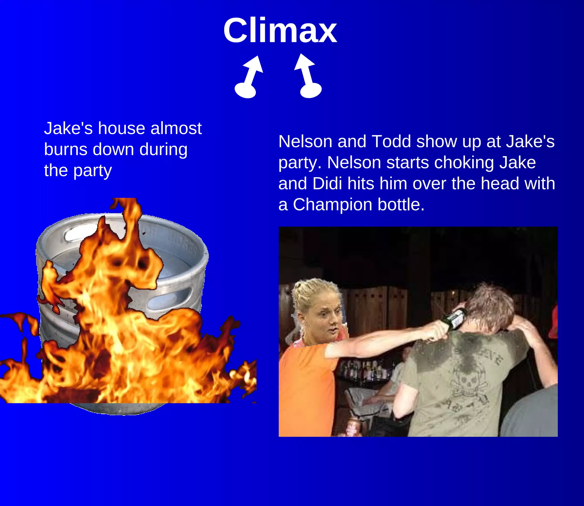 Climax  Nelson and Todd show up at Jake's party. Nelson starts choking Jake and Didi hits him over the head with a Champion bottle.  Jake's house almost burns down during the party  
