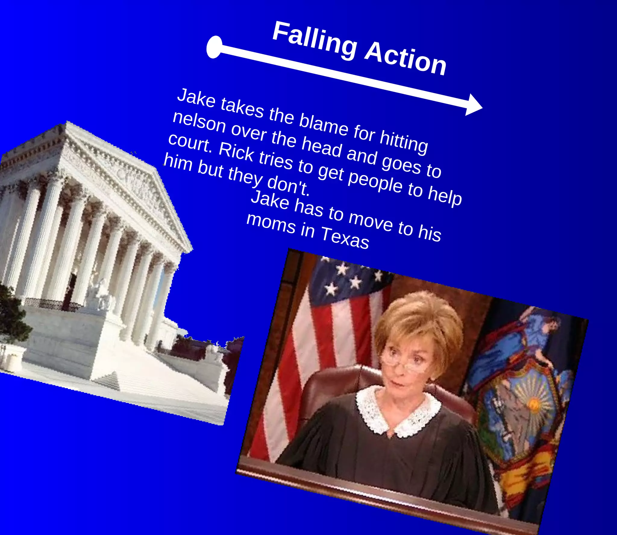 Falling Action Jake takes the blame for hitting nelson over the head and goes to court. Rick tries to get people to help him but they don't.  Jake has to move to his moms in Texas 
