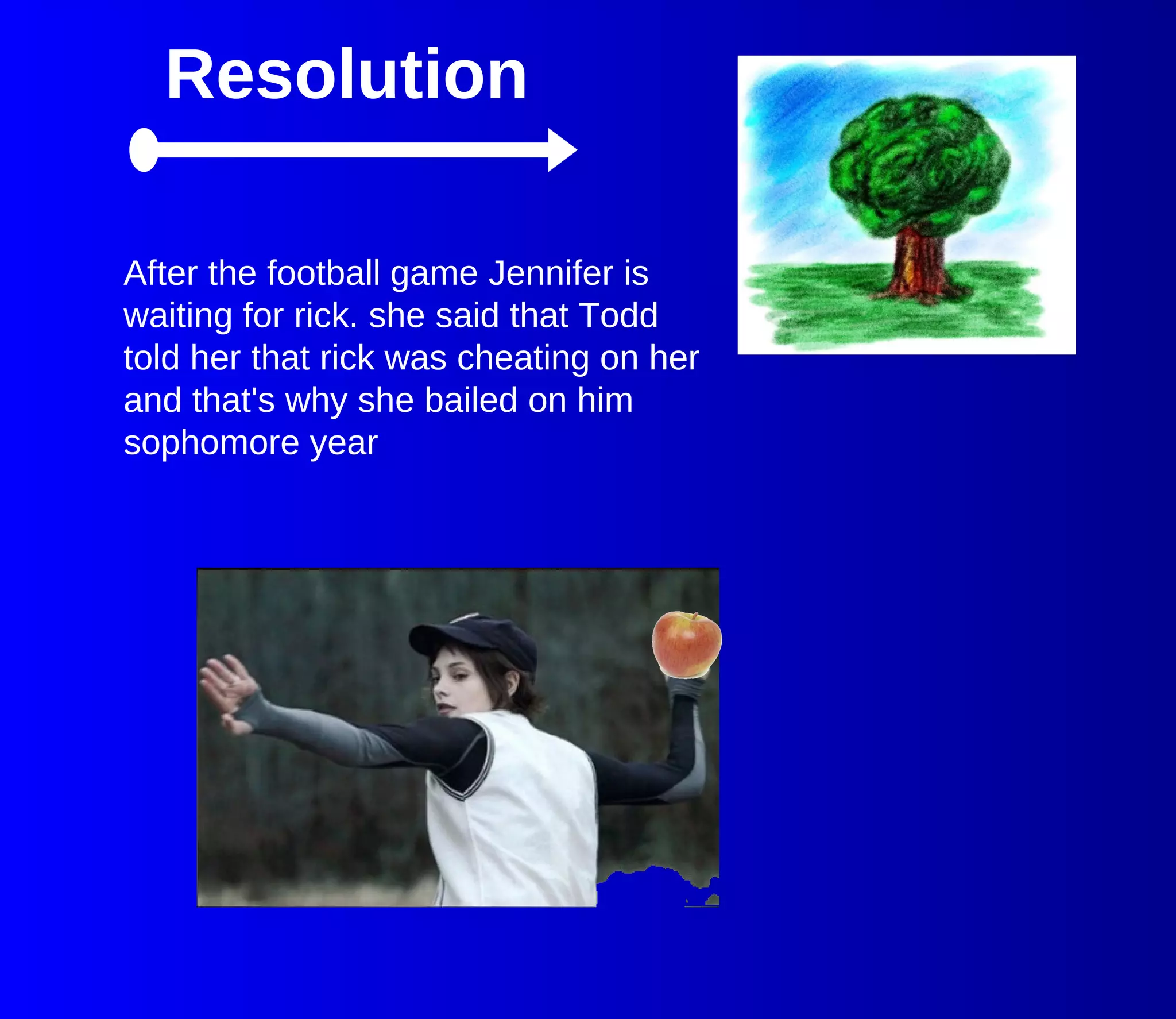 Resolution After the football game Jennifer is waiting for rick. she said that Todd told her that rick was cheating on her and that's why she bailed on him sophomore year 