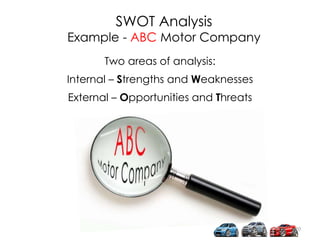 SWOT Analysis
Example - ABC Motor Company
Two areas of analysis:
Internal – Strengths and Weaknesses
External – Opportunit...