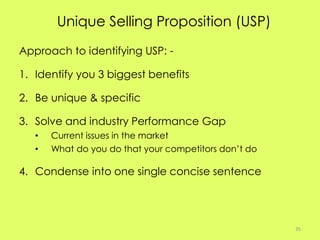 Approach to identifying USP: -
1. Identify you 3 biggest benefits
2. Be unique & specific
3. Solve and industry Performanc...