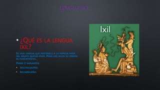 LENGUA IXIL.
• ¿QUÉ ES LA LENGUA
IXIL?
ES UNA LENGUA QUE PERTENECE A LA FAMILIA MAYA
DEL GRUPO QUICHE-MAM. PARA LOS IXILES SU IDIOMA
ES FUNDAMENTAL.
POSEE 2 VARIANTES:
• IXILCHAJULEÑO.
• IXILNEBAJEÑO.
 