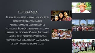 EL MAM ES UNA LENGUA MAYA HABLADA EN EL
NOROESTE DE GUATEMALA POR
APROXIMADAMENTE MEDIO MILLÓN DE
HABITANTES. TAMBIÉN ES HABLADA EN LA ZONA
SURESTE DEL ESTADO DE CHIAPAS, MÉXICO EN
LA ZONA DE LA FRONTERA. PERTENECE AL
TRONCO MAYA Y ES LA TERCERA MÁS HABLADA
DE ESTA FAMILIA DE IDIOMAS MAYAS.
 