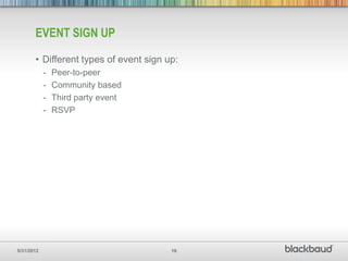 EVENT SIGN UP

       • Different types of event sign up:
            -   Peer-to-peer
            -   Community based
            -   Third party event
            -   RSVP




5/31/2012                               16
 