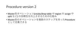 Procedure version 2
• Master (create/drop table region assign
split )
• Master Procedure
 