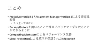 • Procedure version 2 / Assignment Manager version 2
•
• Backup/Restore
• Compacting Memstore
• Serial Replication Replication
 