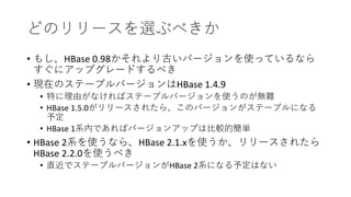 • HBase 0.98
• HBase 1.4.9
•
• HBase 1.5.0
• HBase 1
• HBase 2 HBase 2.1.x
HBase 2.2.0
• HBase 2
 