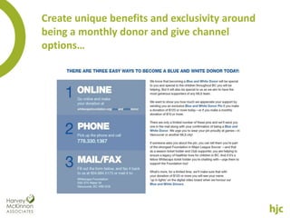 Create unique benefits and exclusivity around
being a monthly donor and give channel
options…
 