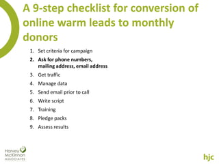 A 9-step checklist for conversion of
online warm leads to monthly
donors
 1. Set criteria for campaign
 2. Ask for phone numbers,
    mailing address, email address
 3. Get traffic
 4. Manage data
 5. Send email prior to call
 6. Write script
 7. Training
 8. Pledge packs
 9. Assess results
 