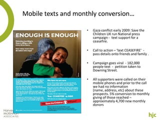 Mobile texts and monthly conversion…

                    •   Gaza conflict early 2009: Save the
                        Children UK run National press
                        campaign - text support for a
                        ceasefire.

                    •   Call to action – ‘text CEASEFIRE’ -
                        pass details onto friends and family .

                    •   Campaign goes viral - 182,000
                        people text - petition taken to
                        Downing Street.

                    •   All supporters were called on their
                        mobile phones and prior to the call
                        we had no information
                        (name, address, etc) about these
                        prospects. 5% conversion to monthly
                        giving of those reached –
                        approximately 4,700 new monthly
                        donors
 