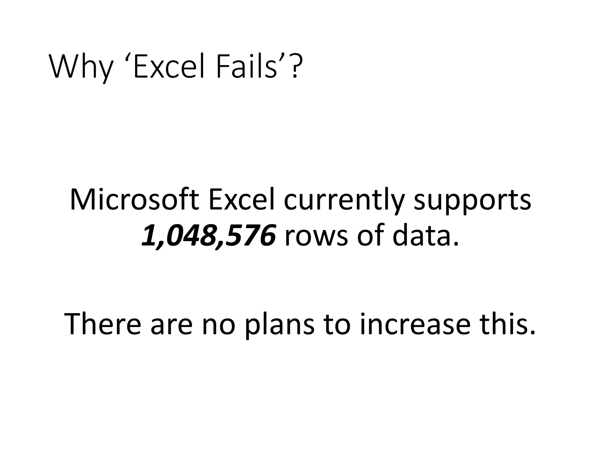 Why ‘Excel Fails’? Microsoft Excel currently supports 1,048,576 rows of data. There are no plans to increase this. 