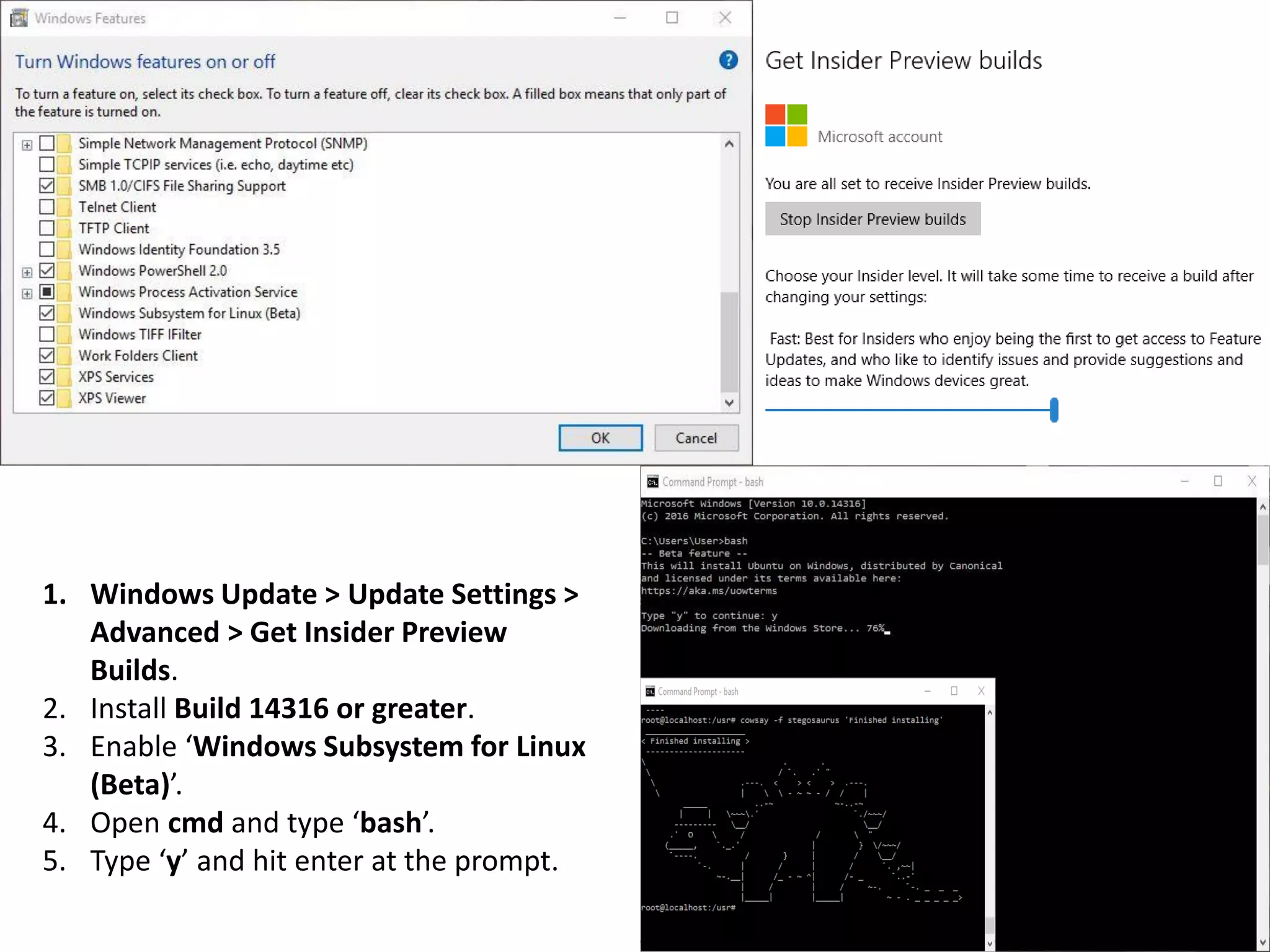 1. Windows Update > Update Settings > Advanced > Get Insider Preview Builds. 2. Install Build 14316 or greater. 3. Enable ‘Windows Subsystem for Linux (Beta)’. 4. Open cmd and type ‘bash’. 5. Type ‘y’ and hit enter at the prompt. 