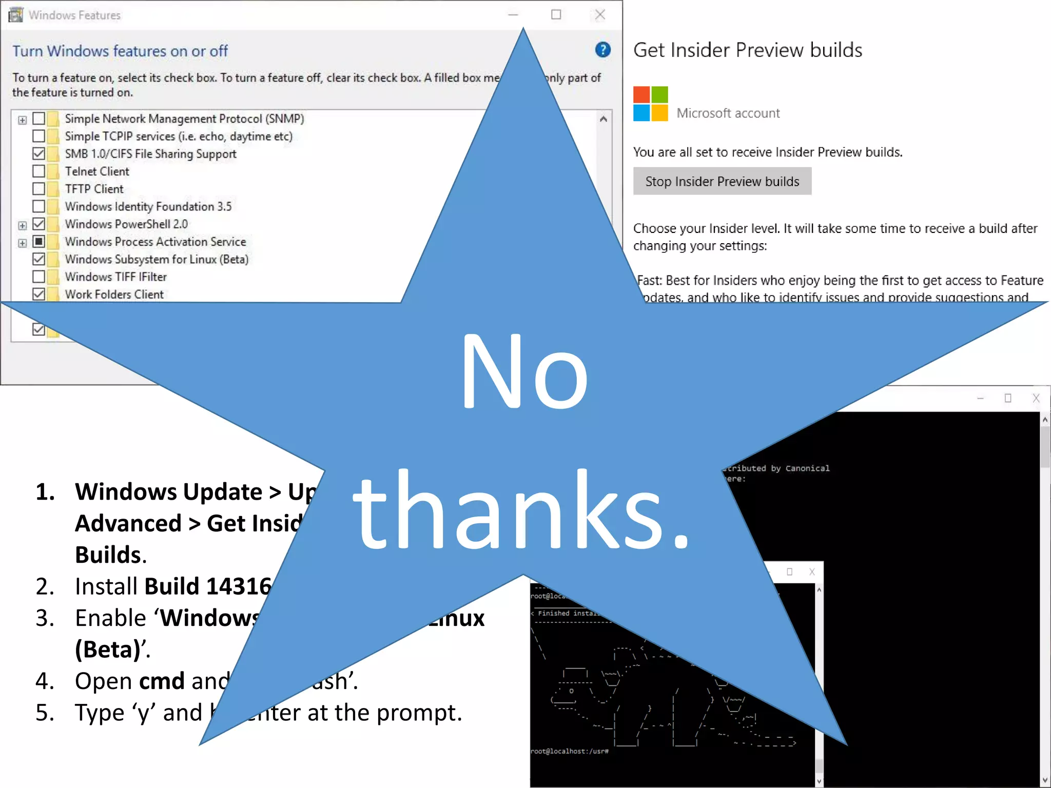 1. Windows Update > Update Settings > Advanced > Get Insider Preview Builds. 2. Install Build 14316 or greater. 3. Enable ‘Windows Subsystem for Linux (Beta)’. 4. Open cmd and type ‘bash’. 5. Type ‘y’ and hit enter at the prompt. No thanks. 