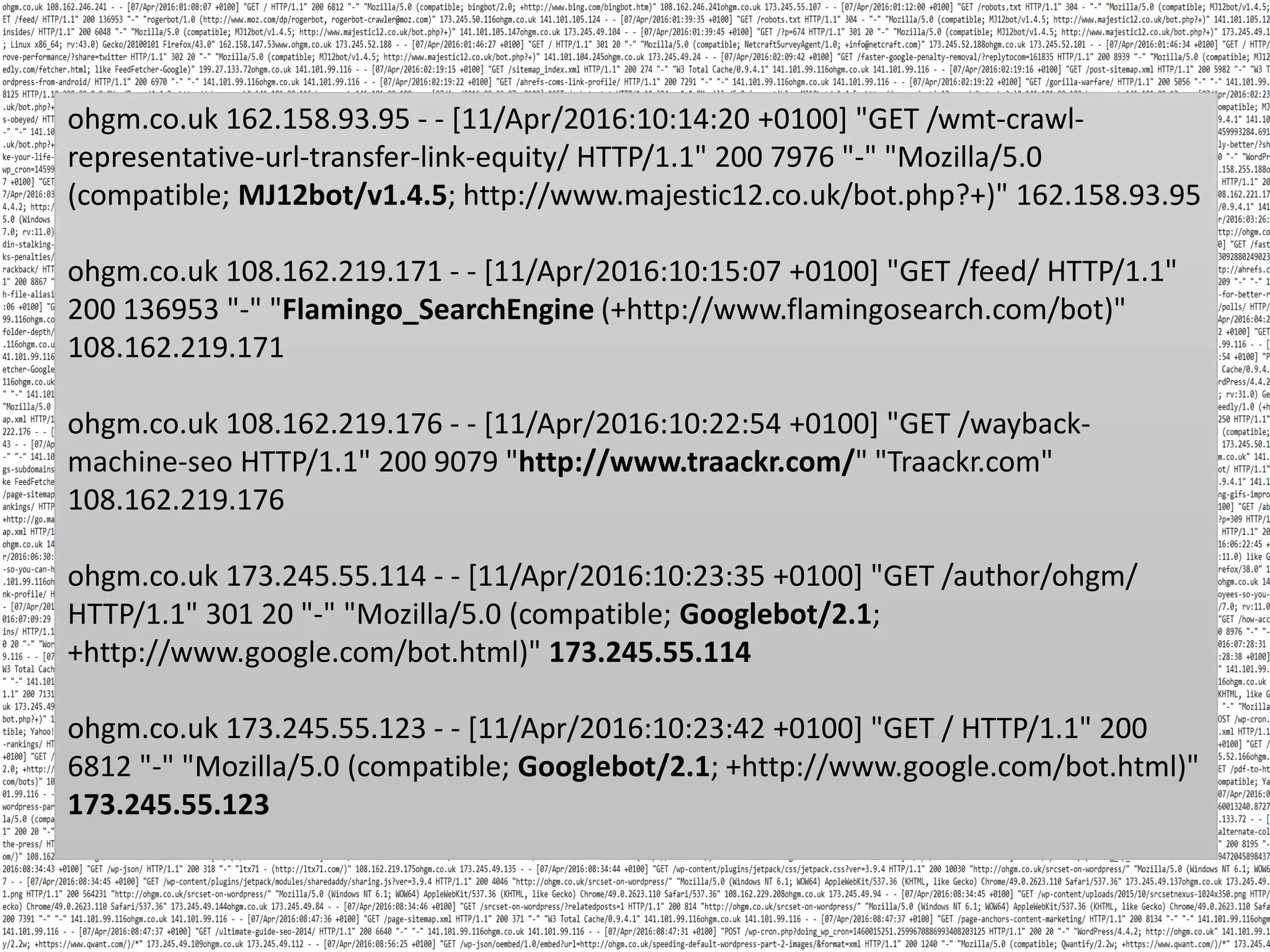 ohgm.co.uk 162.158.93.95 - - [11/Apr/2016:10:14:20 +0100] "GET /wmt-crawl- representative-url-transfer-link-equity/ HTTP/1.1" 200 7976 "-" "Mozilla/5.0 (compatible; MJ12bot/v1.4.5; http://www.majestic12.co.uk/bot.php?+)" 162.158.93.95 ohgm.co.uk 108.162.219.171 - - [11/Apr/2016:10:15:07 +0100] "GET /feed/ HTTP/1.1" 200 136953 "-" "Flamingo_SearchEngine (+http://www.flamingosearch.com/bot)" 108.162.219.171 ohgm.co.uk 108.162.219.176 - - [11/Apr/2016:10:22:54 +0100] "GET /wayback- machine-seo HTTP/1.1" 200 9079 "http://www.traackr.com/" "Traackr.com" 108.162.219.176 ohgm.co.uk 173.245.55.114 - - [11/Apr/2016:10:23:35 +0100] "GET /author/ohgm/ HTTP/1.1" 301 20 "-" "Mozilla/5.0 (compatible; Googlebot/2.1; +http://www.google.com/bot.html)" 173.245.55.114 ohgm.co.uk 173.245.55.123 - - [11/Apr/2016:10:23:42 +0100] "GET / HTTP/1.1" 200 6812 "-" "Mozilla/5.0 (compatible; Googlebot/2.1; +http://www.google.com/bot.html)" 173.245.55.123 