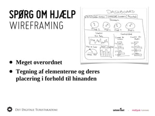 SPØRG OM HJÆLP
WIREFRAMING


•   Meget  overordnet
•   Tegning  af  elementerne  og  deres
    placering  i  forhold  til  hinanden
 