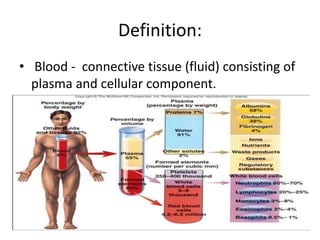 Definition:
• Blood - connective tissue (fluid) consisting of
plasma and cellular component.
• 8% of total BW
 