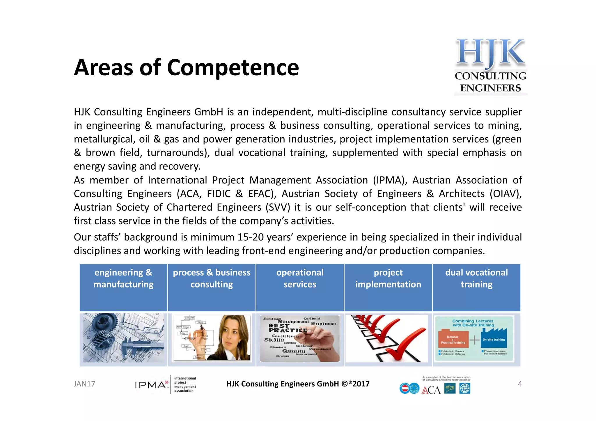 engineering & 
manufacturing
process & business 
consulting
operational 
services
project 
implementation
dual vocational 
training
Areas of Competence
HJK Consulting Engineers GmbH ©®2017 4
HJK Consulting Engineers GmbH is an independent, multi‐discipline consultancy service supplier
in engineering & manufacturing, process & business consulting, operational services to mining,
metallurgical, oil & gas and power generation industries, project implementation services (green
& brown field, turnarounds), dual vocational training, supplemented with special emphasis on
energy saving and recovery.
As member of International Project Management Association (IPMA), Austrian Association of
Consulting Engineers (ACA, FIDIC & EFAC), Austrian Society of Engineers & Architects (OIAV),
Austrian Society of Chartered Engineers (SVV) it is our self‐conception that clients' will receive
first class service in the fields of the company’s activities.
Our staffs’ background is minimum 15‐20 years’ experience in being specialized in their individual
disciplines and working with leading front‐end engineering and/or production companies.
JAN17
 