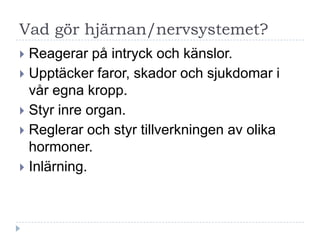Vad gör hjärnan/nervsystemet?
 Reagerar på intryck och känslor.
 Upptäcker faror, skador och sjukdomar i
  vår egna kropp.
 Styr inre organ.
 Reglerar och styr tillverkningen av olika
  hormoner.
 Inlärning.
 