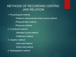 METHODS OF RECORDING CENTRIC
JAW RELATION
1. Physiological method:
-Tactile or interocclusal check record method
-Pressure less method
-Pressure method
2. Functional method:
-Needles house method
-Patterson method
3. Graphic method:
-Intra oral method
-Extra oral method
4. Radiographic method
 