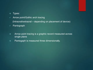  Types:
 Arrow point/Gothic arch tracing
(Intraoral/extraoral – depending on placement of device)
 Pantograph
 Arrow point tracing is a graphic record measured across
single plane
 Pantogaph is measured three dimensionally.
 