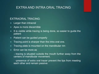 EXTRA AND INTRA ORAL TRACING
EXTRAORAL TRACING:
 Larger than intraoral
 Apex is more discernible
 It is visible while tracing is being done, so easier to guide the
patient
 Patient can be guided properly
 Tracing point is sharper than the intra oral one.
 Tracing plate is mounted on the mandibular rim
 Error can be more as
- tracing is situated outside the mouth further away from the
centers of mandibular movement.
-presence of extra oral tracer prevent the lips from meeting
each other and remain passive
 