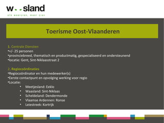 Toerisme Oost-Vlaanderen
1. Centrale Diensten
•+/- 25 personen
•provinciebreed, thematisch en productmatig, gespecialiseerd en ondersteunend
•locatie: Gent, Sint-Niklaasstraat 2
2. Regiocoördinaties
•Regiocoördinator en hun medewerker(s)
•Eerste contactpunt en opvolging werking voor regio
•Locatie:
• Meetjesland: Eeklo
• Waasland: Sint-Niklaas
• Scheldeland: Dendermonde
• Vlaamse Ardennen: Ronse
• Leiestreek: Kortrijk
 