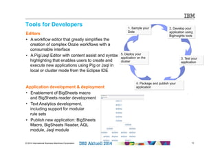 Tools for Developers 
5. Deploy your 
application on the 
cluster 
© 2014 International Business Machines Corporation 10 
10 
Editors 
• A workflow editor that greatly simplifies the 
creation of complex Oozie workflows with a 
consumable interface 
• A Pig/Jaql Editor with content assist and syntax 
highlighting that enables users to create and 
execute new applications using Pig or Jaql in 
local or cluster mode from the Eclipse IDE 
Application development & deployment 
• Enablement of BigSheets macro 
and BigSheets reader development 
• Text Analytics development, 
including support for modular 
rule sets 
• Publish new application: BigSheets 
Macro, BigSheets Reader, AQL 
module, Jaql module 
1. Sample your 
Data 
2. Develop your 
application using 
BigInsights tools 
3. Test your 
application 
4. Package and publish your 
application 
 
