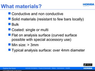 What materials?
             Conductive and non conductive
             Solid materials (resistant to few bars locally)
             Bulk
             Coated: single or multi
             Flat on analysis surface (curved surface
              possible with special accessory use)
             Min size: > 3mm
             Typical analysis surface: over 4mm diameter




© 2012 HORIBA Scientific. All rights reserved.
 