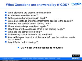 What Questions are answered by rf GDS?

        What elements are present in the sample?
        At what concentration levels?
        Is the sample homogeneous in depth?
        Were any coatings or surface treatments applied to the sample?
        Where is this surface defect coming from?
        How many coatings have been applied?
        How thick are the coatings? What is the coating weight?
        What are the competitors doing ?
        Is there any contamination at the interface?
        Any oxidation or corrosion of the sample? How this material reacts
         to corrosion?
        Any diffusion in the coatings?

                                           GD will tell within seconds to minutes !




© 2012 HORIBA Scientific. All rights reserved.
 