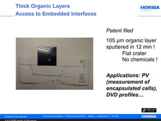 Thick Organic Layers
               Access to Embedded Interfaces


                                                 Patent filed
                                                 105 µm organic layer
                                                 sputtered in 12 min !
                                                        Flat crater
                                                        No chemicals !

                                                 Applications: PV
                                                 (measurement of
                                                 encapsulated cells),
                                                 DVD profiles…



© 2012 HORIBA Scientific. All rights reserved.
 