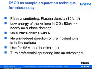 Rf GD as sample preparation technique
               for microscopy

    Plasma sputtering. Plasma density (1014cm-3)
    Low energy of the Ar ions in GD : 50eV =>
     nearly no surface damage
    No surface charge with RF
    No priviledged direction of the incident ions
     onto the surface
    Use for SEM: no chemicals use
    Turn preferential sputtering into an advantage



© 2012 HORIBA Scientific. All rights reserved.
 