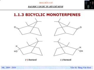 HOÁ HỮU CƠ
NK. 2009 - 2010 Tiến Sỹ Đặng Văn Hoài
ĐẠI HỌC Y DƯỢC TP. HỒ CHÍ MINH
1.1.3 BICYCLIC MONOTERPENES
O O
H
OH
H
OH
(+) borneol (-) borneol
 