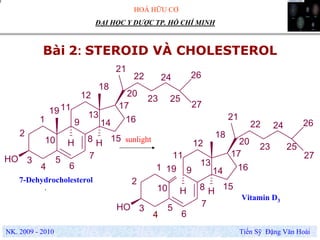 HOÁ HỮU CƠ
NK. 2009 - 2010 Tiến Sỹ Đặng Văn Hoài
ĐẠI HỌC Y DƯỢC TP. HỒ CHÍ MINH
Bài 2: STEROID VÀ CHOLESTEROL
.
OH
H H
OH
H H
1
2
3
4
5
6
7
8
9
10
11
12
13
14
15
16
17
18
20
21
22
23
24
25
26
27
1
2
3
4
5
6
7
8
9
10
11
12
13
14
15
16
17
18
19
20
21
22
23
24
25
26
27
19
7-Dehydrocholesterol
Vitamin D3
sunlight
 