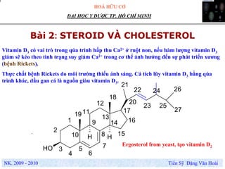 HOÁ HỮU CƠ
NK. 2009 - 2010 Tiến Sỹ Đặng Văn Hoài
ĐẠI HỌC Y DƯỢC TP. HỒ CHÍ MINH
Bài 2: STEROID VÀ CHOLESTEROL
.
Vitamin D3 có vai trò trong qúa trình hấp thu Ca2+ ở ruột non, nếu hàm lượng vitamin D3
giảm sẽ kéo theo tình trạng suy giảm Ca2+ trong cơ thể ảnh hưởng đến sự phát triển xương
(bệnh Rickets).
Thực chất bệnh Rickets do môi trường thiếu ánh sáng. Cá tích lũy vitamin D3 bằng qúa
trình khác, dầu gan cá là nguồn giàu vitamin D3.
OH
H H
1
2
3
4
5
6
7
8
9
10
11
12
13
14
15
16
17
18
19
20
21
22
23
24
25
26
27
Ergosterol from yeast, tạo vitamin D2
 