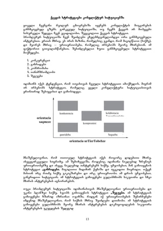 13
qcevis strategiebi konfliqtur situaciebSi
yoveli Cvengani realur cxovrebaSi iyenebs konfliqtis mogvarebis
gansxvavebul gzebs. garkveul situaciaSi, Tu Cvens qcevas ar mohyveba
sasurveli Sedegi, Cven vcidilobT, SevcvaloT qcevis strategia.
problemur situaciaSi Cven SeiZleba vxelmZRvanelobdeT ori gansxvavebuli
interesiT. erTis mxriv, es aris mizani, romelsac gvinda, rom mivaRwioT (saqme),
da meores mxriv _ urTierTobebi, romelic arsebobs meore mxaresTan. am
faqtorTa gaTvaliswinebiT, SesaZlebelia xuTi gansxvavebuli strategiiT
moqmedeba.
1. konkurencia
2. ganrideba
3. kompromisi
4. TanamSromloba
5. Segueba
adamians aqvs tendencia, rom TavisTvis Cveuli strategiiT imoqmedos, magram
ar arsebobs strategia, romelic yvela konfliqturi situaciisaTvis
erTnairad Sesayvisia da gamosadegi.
mniSvnelovania, rom TiToeul strategias aqvs rogorc dadebiTi mxare,
asevegarkveuli safrTxe. im SemTxvevaSi, rodesac adamiani naklebad zrunavs
urTierTobebze da aseve, naklebad ainteresebs saqme, umjobesia, man gamoiyenos
strategia ,,ganrideba”. magaliTi: midixar quCaSi da agekidaT mTvrali. Tqven
masTan arc raime saqme gakavSirebT da arc urTierToba. am dros umjobesia,
ganeridoT situacias. am strategiis gamoyeneba gulisxmobs sakuTari da sxva
mxaris interesebis ignorirebas.
Tuki problemur situaciaSi adamianisTvis mniSvnelovania urTierTobebi da
ukana planzea saqme, sjobs gamoiyenos strategia ,,Segueba”. am strategiis
gamoyeneba xSirad azriania ojaxSi, radgan aq urTierTobebis SenarCuneba
imdenad mniSvnelovania, rom saqmis mxriv SeiZleba daTmoba. am strategiis
gamoyeneba gulisxmobs meore mxaris interesebis dakmayofilebas sakuTari
interesebis ukugdebis Sedegad
orientacia
saqmeze
orientacia urTierTobebze
konkurencia kolaboracia
TanamSromloba
kompromisi
ganrideba Segueba
 
